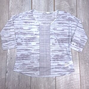 Prana Alea Top Women Large Purple White Striped V-Neck 3/4 Sleeve W2ALEA116